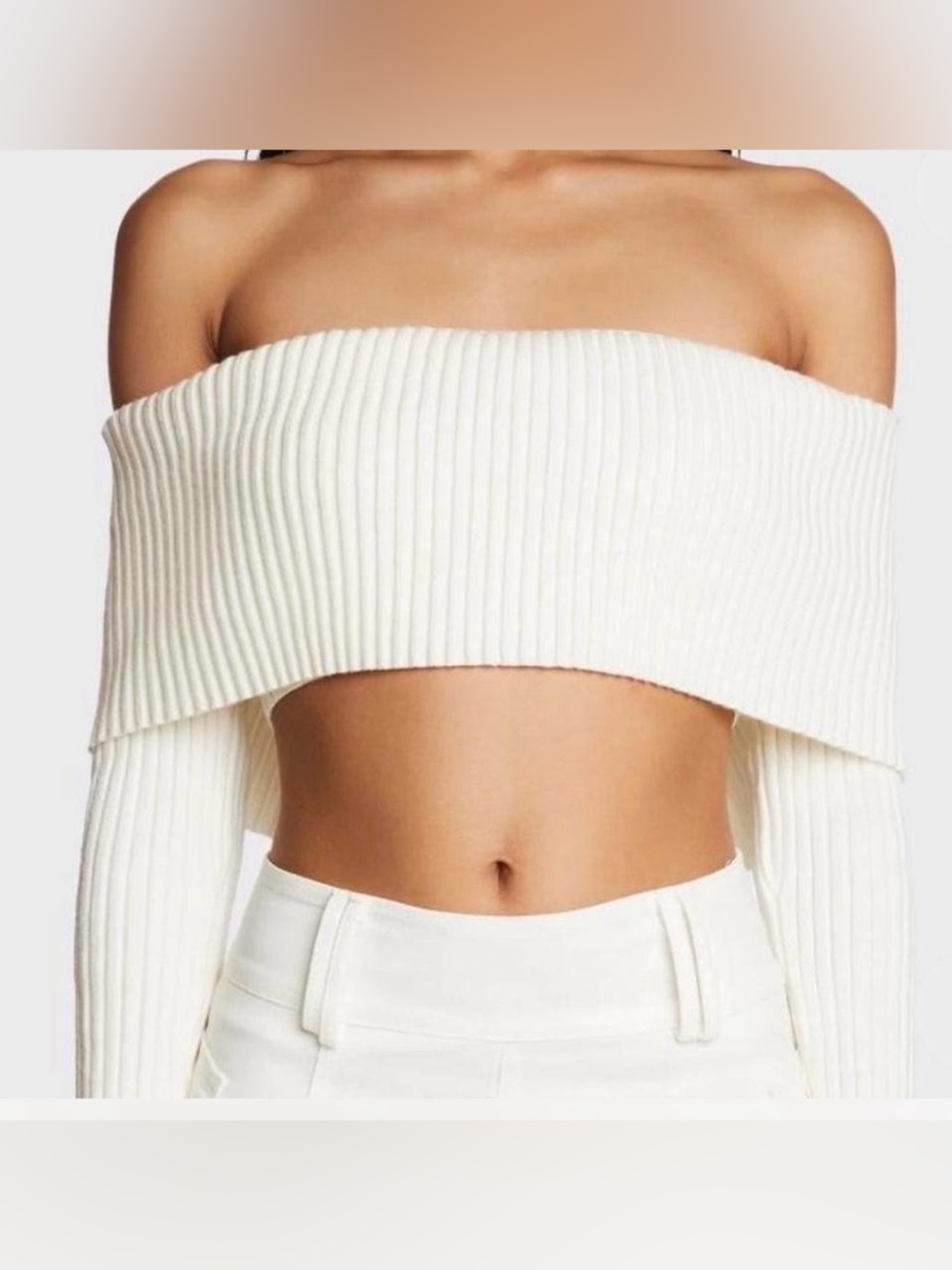 Edikted Off-Shoulder Ribbed Knit Crop Top in Ivory size S